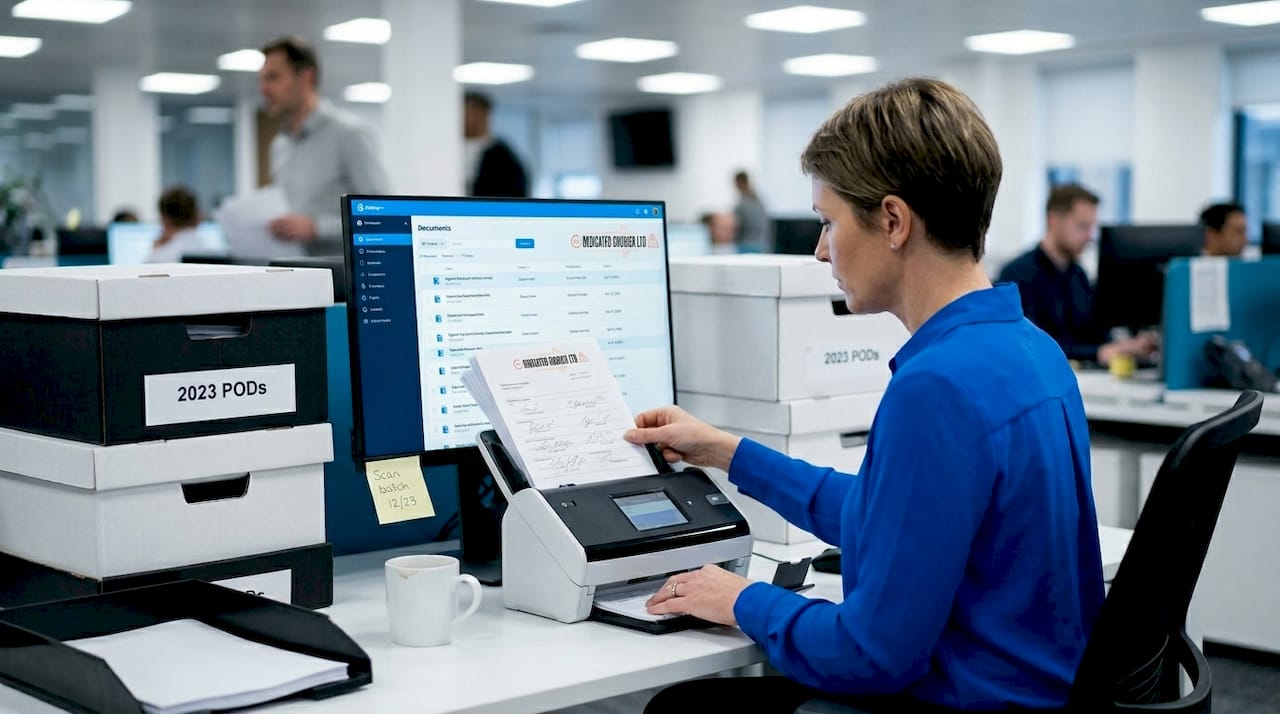 Office worker scanning signed delivery receipts for records