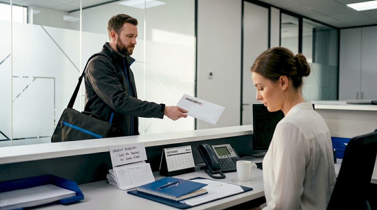 Courier delivering sealed document to office reception