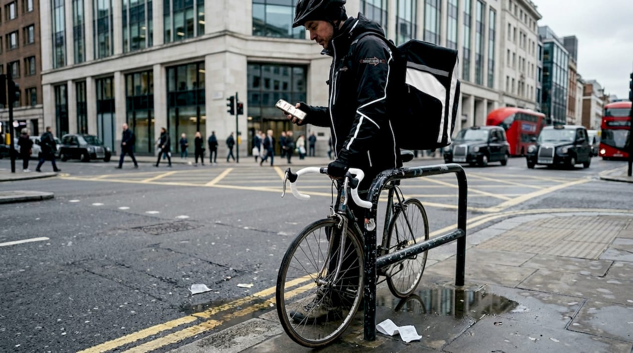 Bicycle courier using app on London street