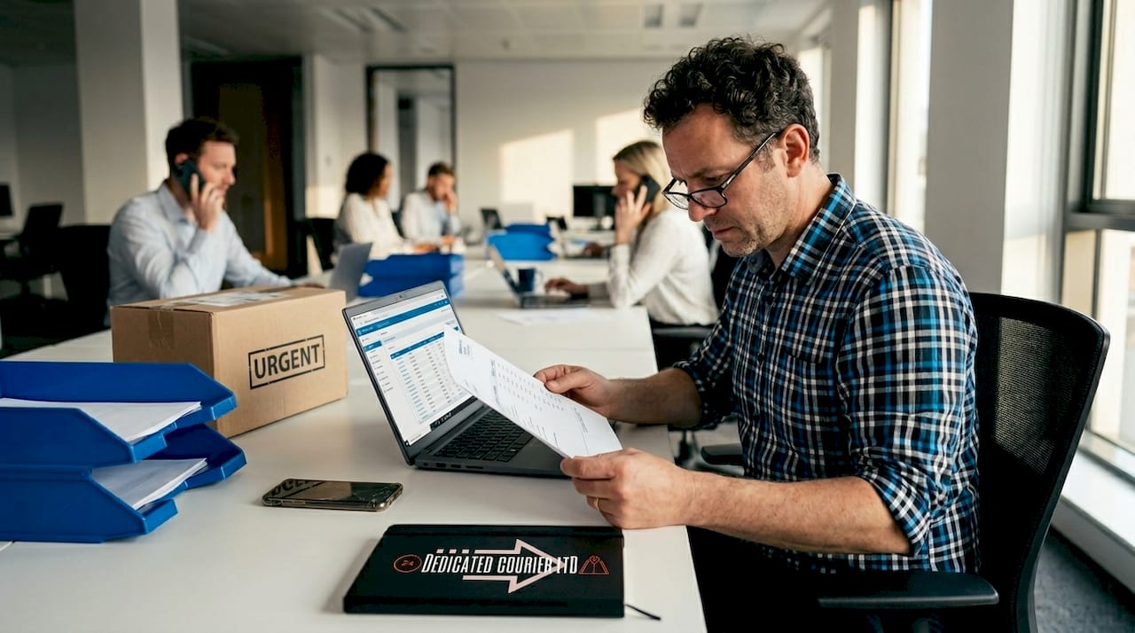 Logistics manager reviewing courier quotes at office desk