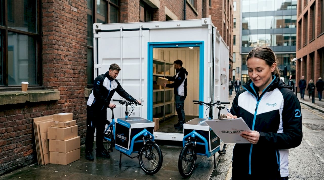 Couriers unloading deliveries at city micro-hub