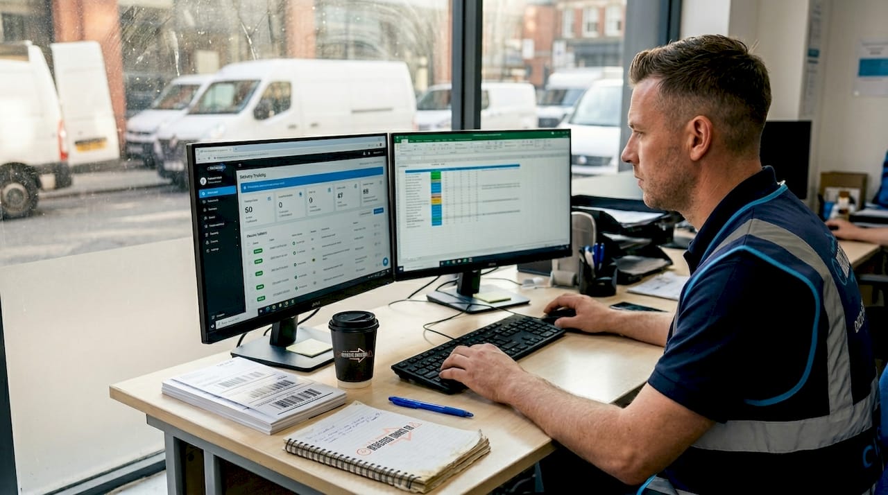 Courier coordinator tracking deliveries at work