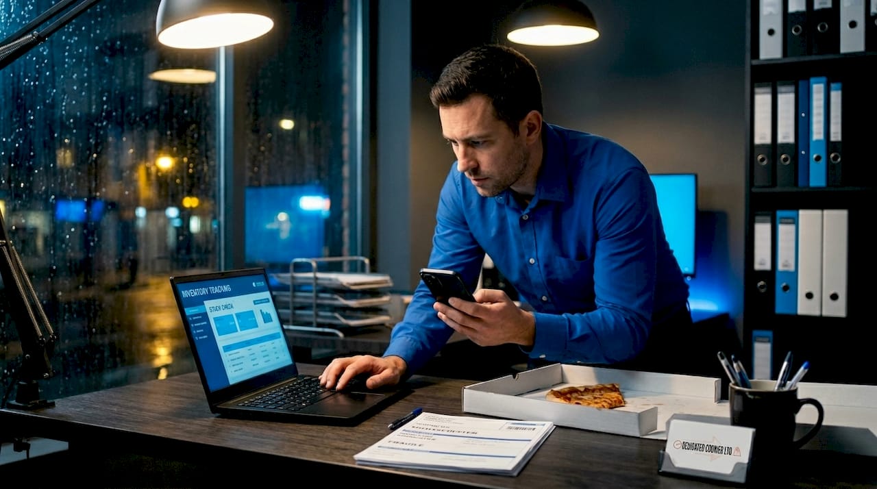 Business owner working on deliveries late at night