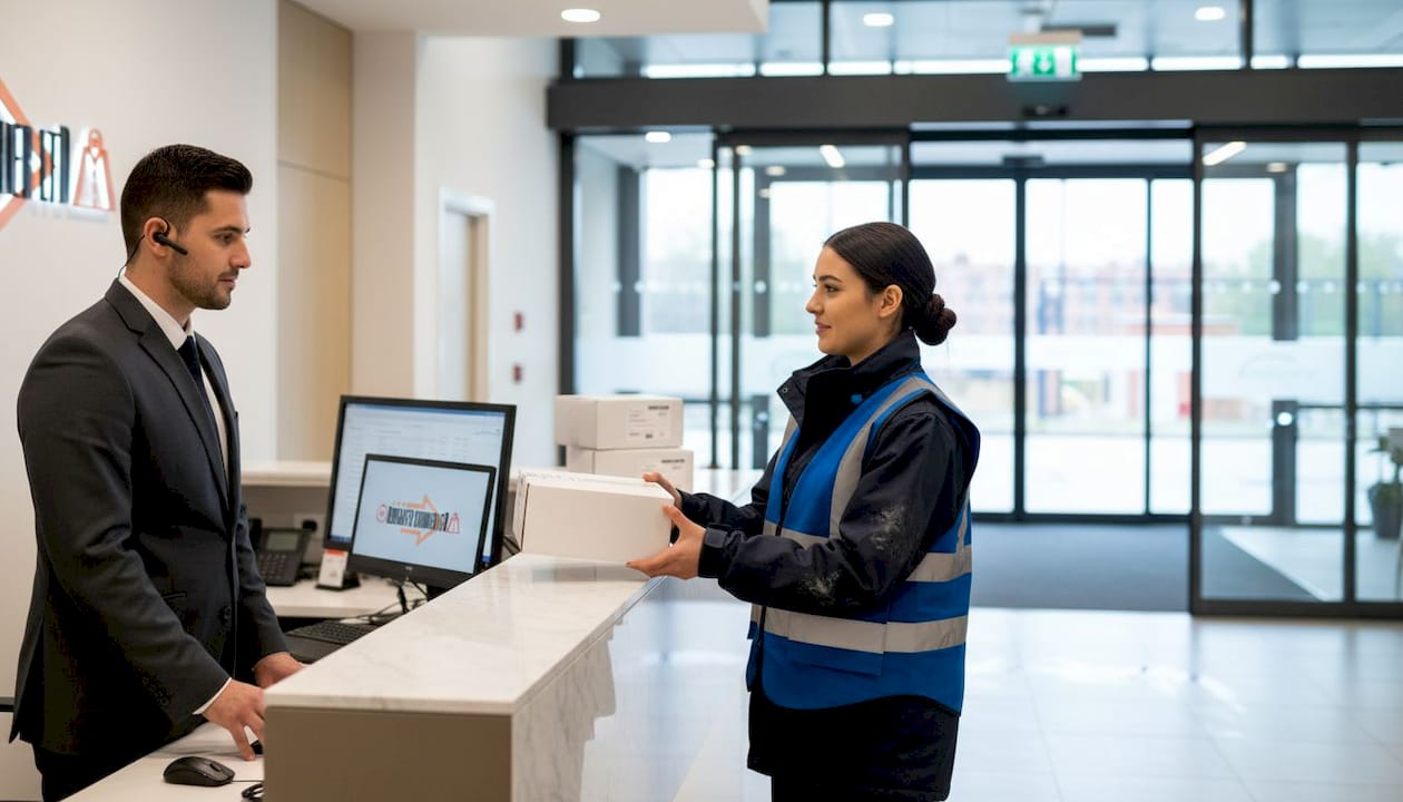 Courier handing package to security guard at night