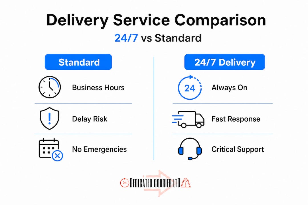 Infographic comparing 24 7 and standard delivery features