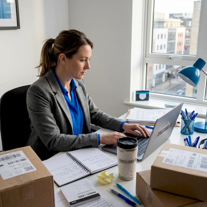 Woman planning urgent parcel deliveries at desk