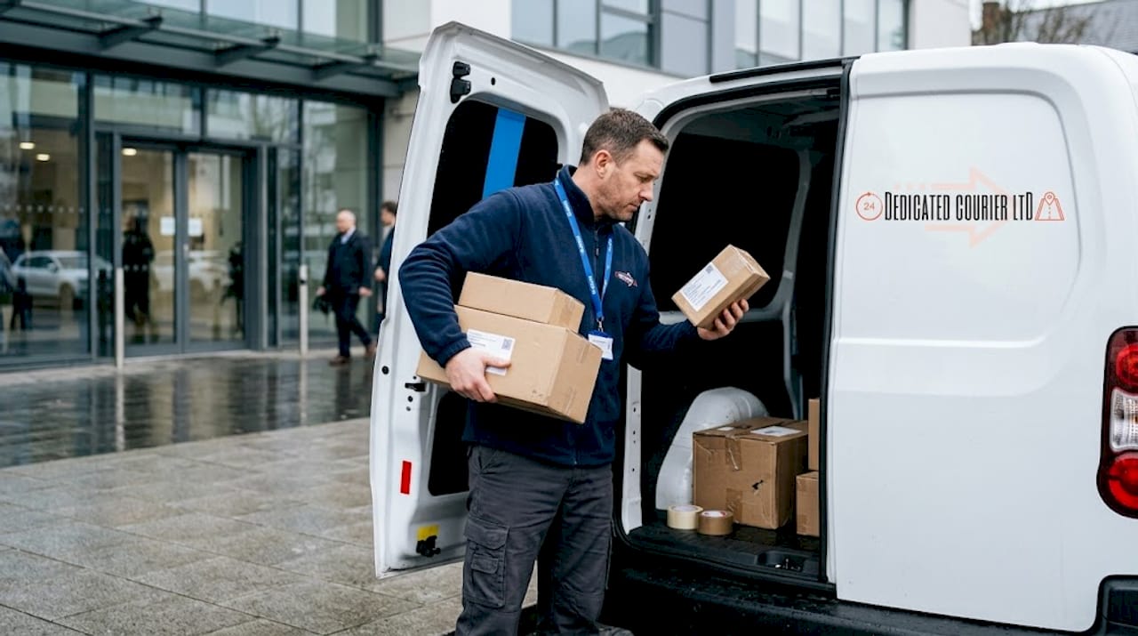 Courier loading parcels into business van