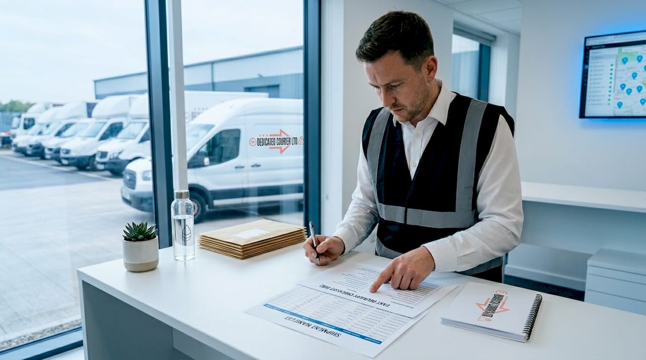 Coordinator checking urgent shipment documents in office
