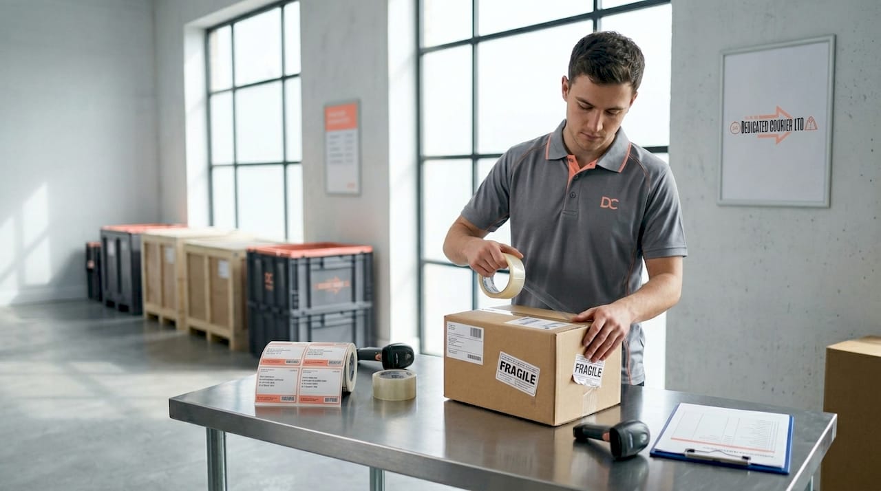 Warehouse worker packing parcel for shipment