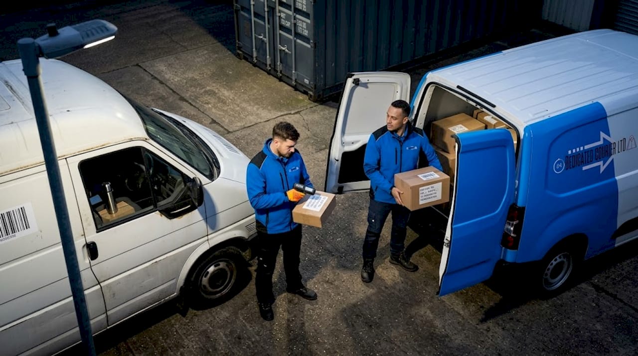 Couriers exchanging parcels during night shift