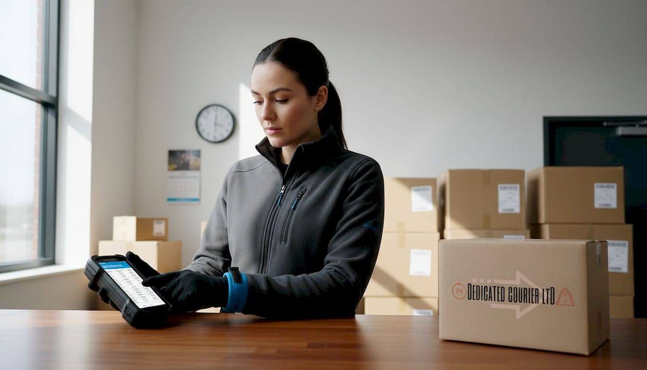 Courier checks parcel manifest on handheld scanner