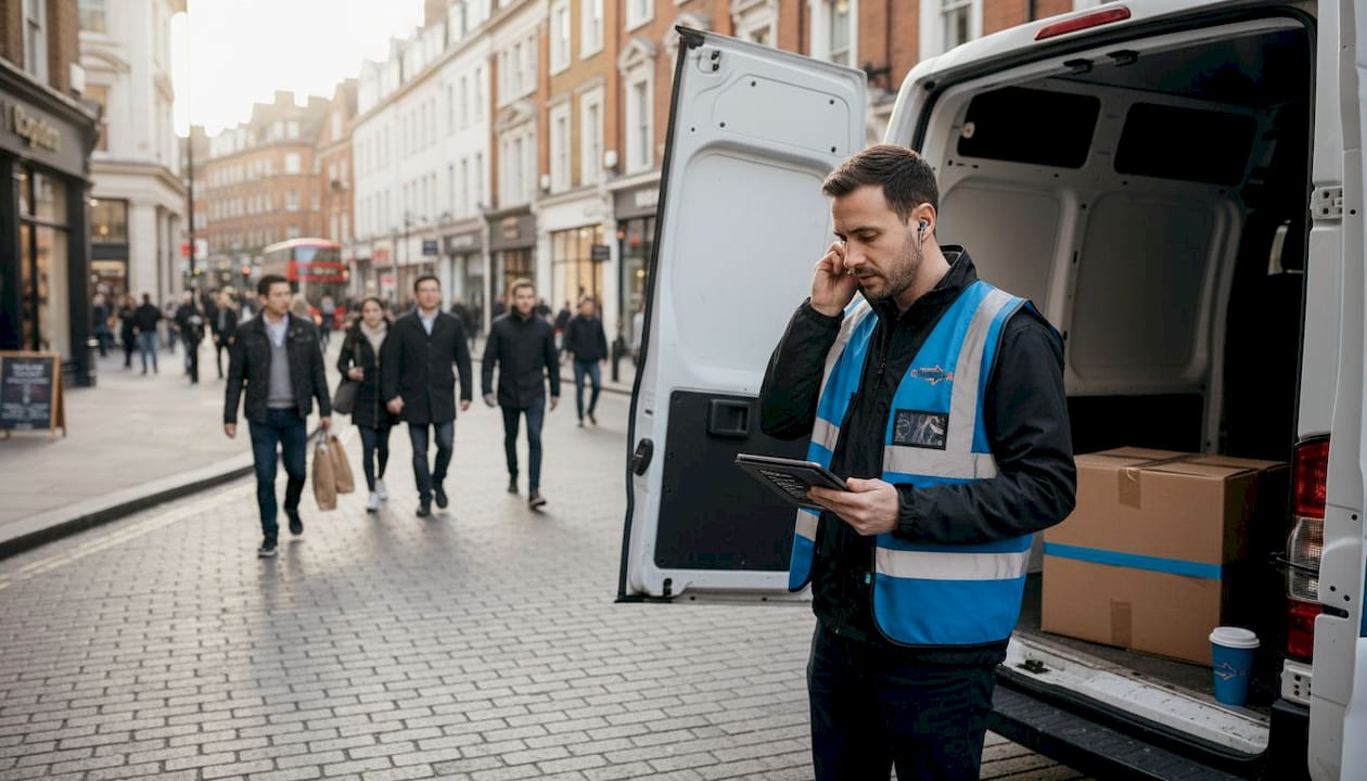 UK courier securing parcels in delivery van