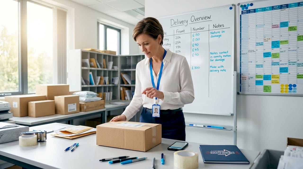 Manager inspecting package in business mailroom