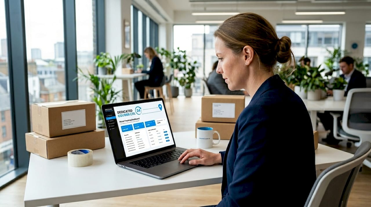 Owner checking parcel delivery status at desk