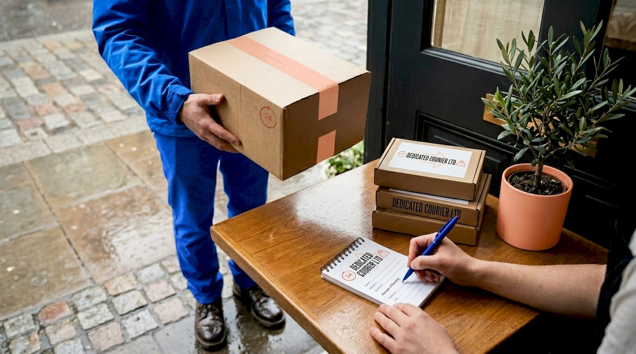 Courier delivering package to shop assistant