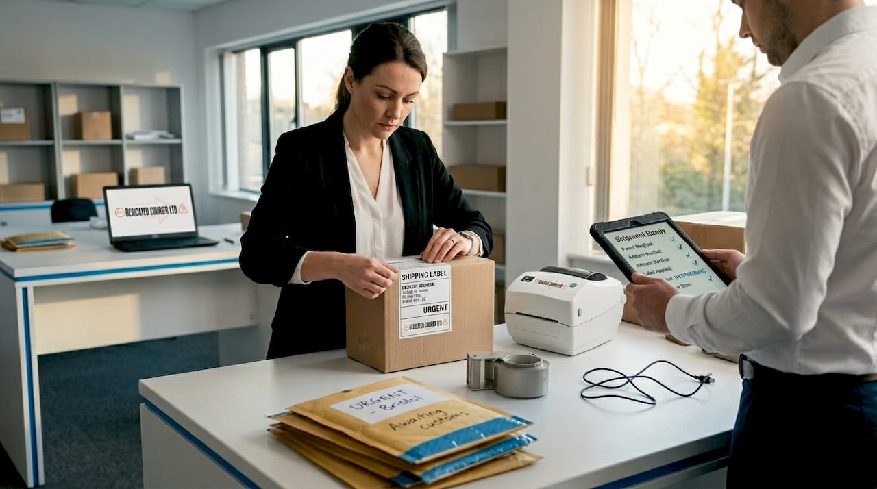 Team preparing urgent shipment at packing desk