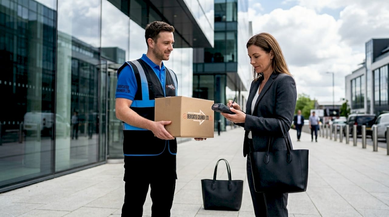 Courier delivering package outside UK office