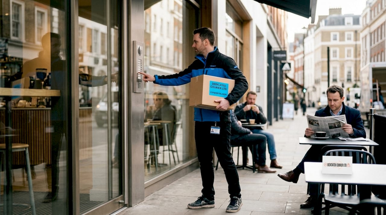 Courier delivering urgent parcel at city office