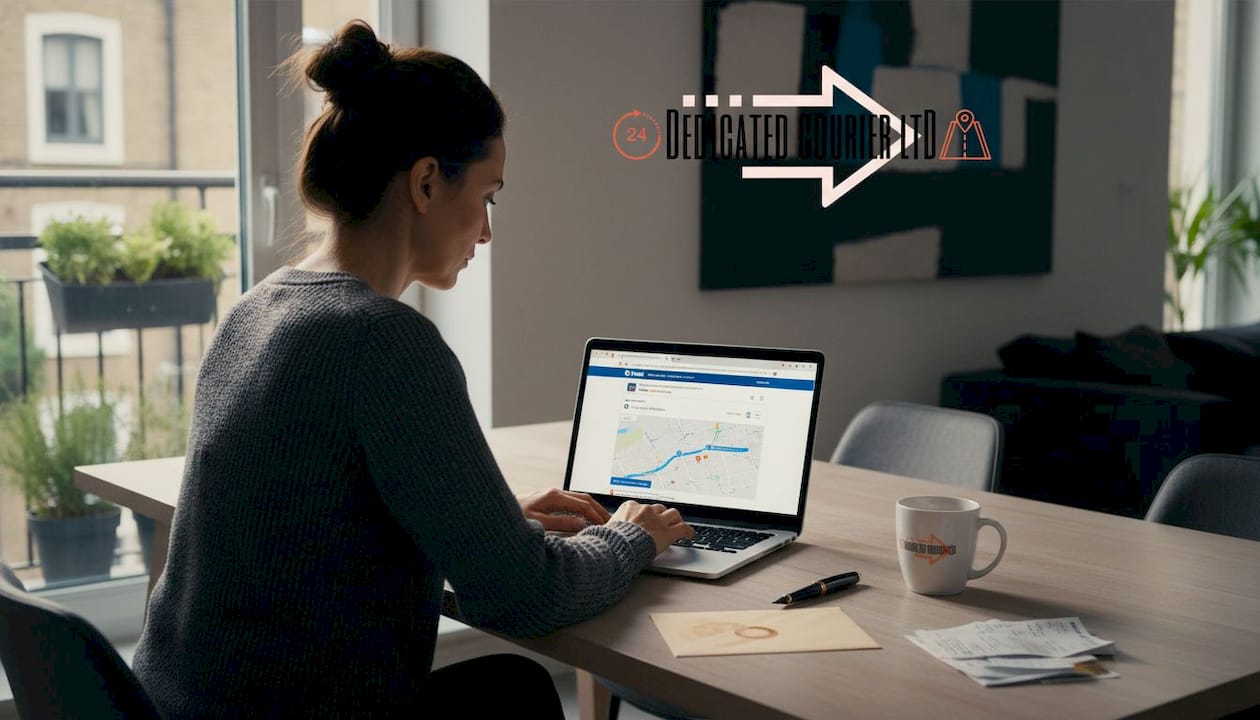 Woman tracking secure parcel at kitchen table