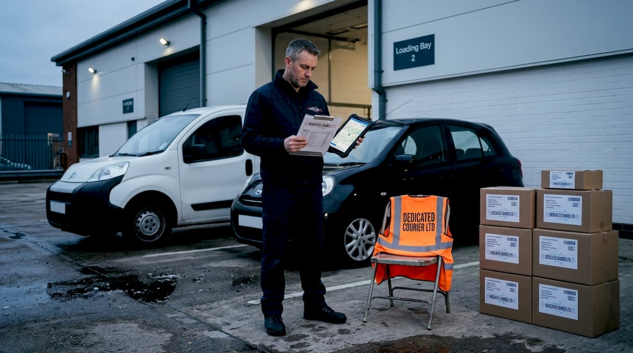 Courier choosing vehicle for parcel at loading bay