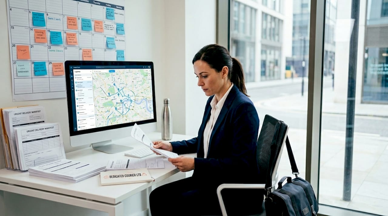 Courier coordinator reviewing urgent delivery paperwork