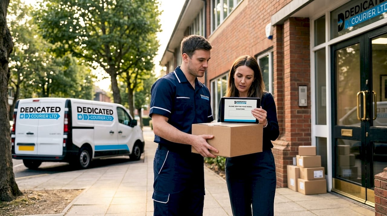 Courier handing parcel to businesswoman outside office