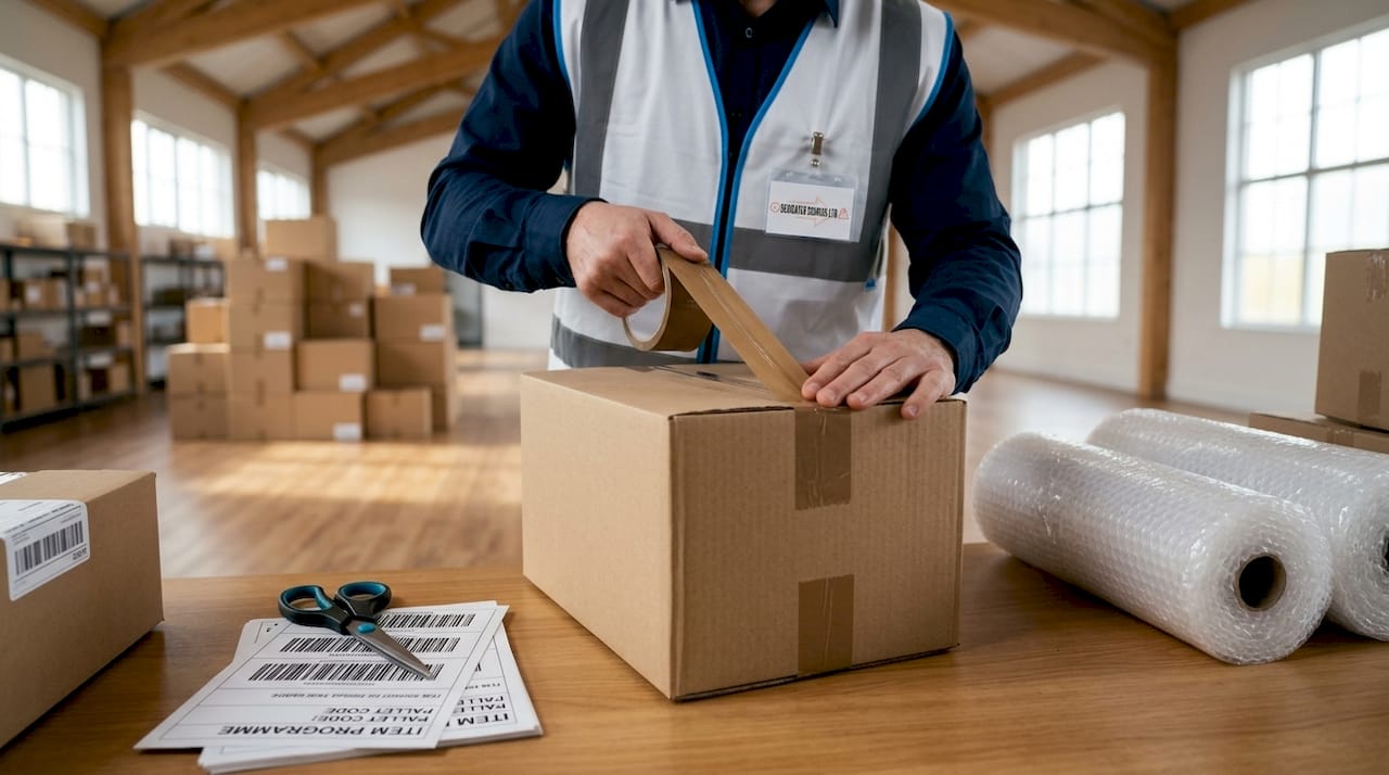 Warehouse worker sealing double-boxed parcel
