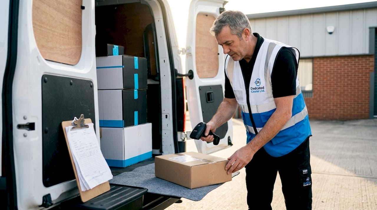 Driver scans packages at open delivery van