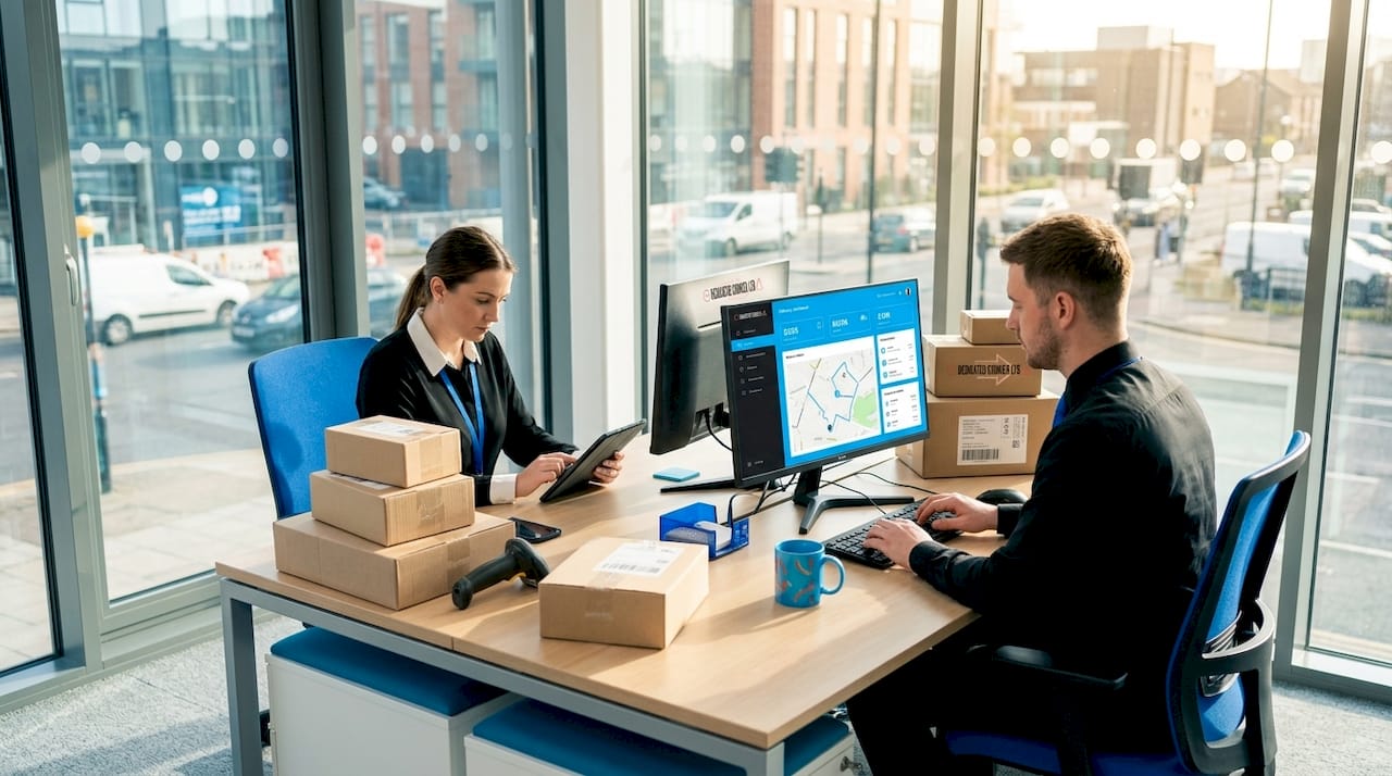 Logistics coordinators at desk planning parcel delivery