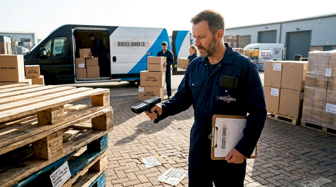 Worker inspecting pallets in warehouse