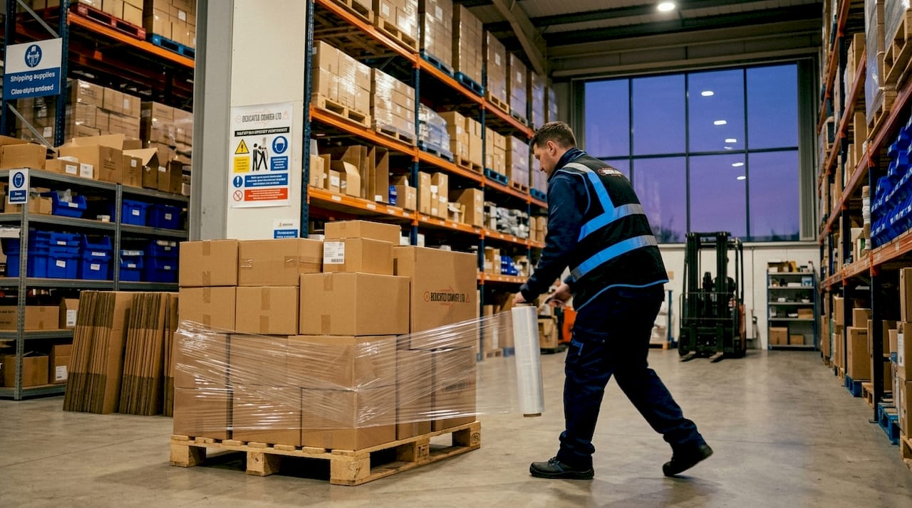 Staff wrapping loaded pallet with stretch film