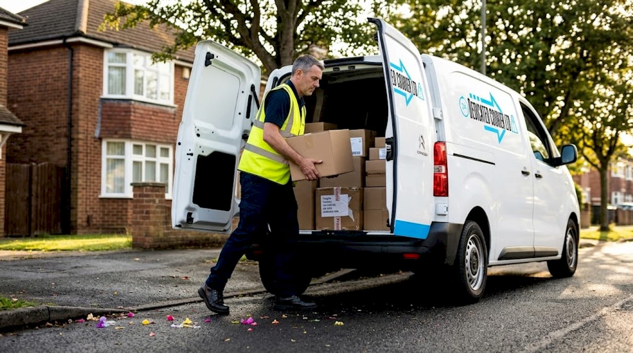 Driver loading urgent parcels into white van