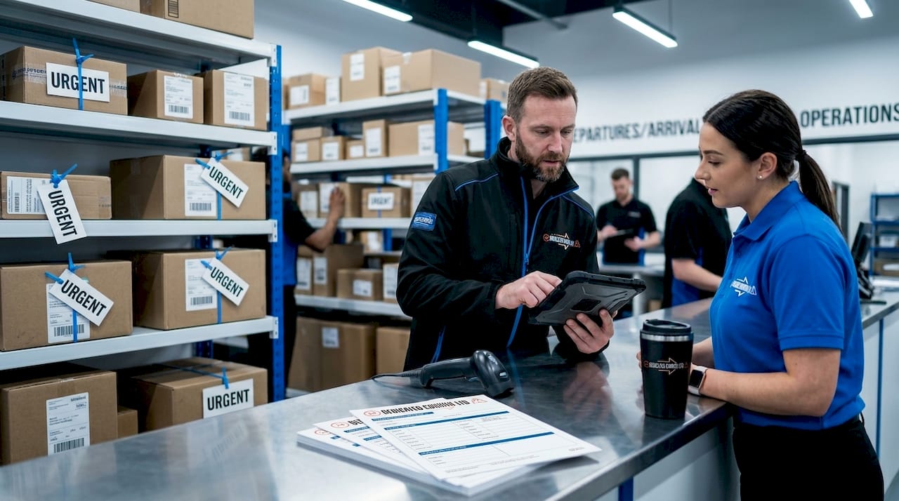 Courier confirming urgent dispatch at depot counter