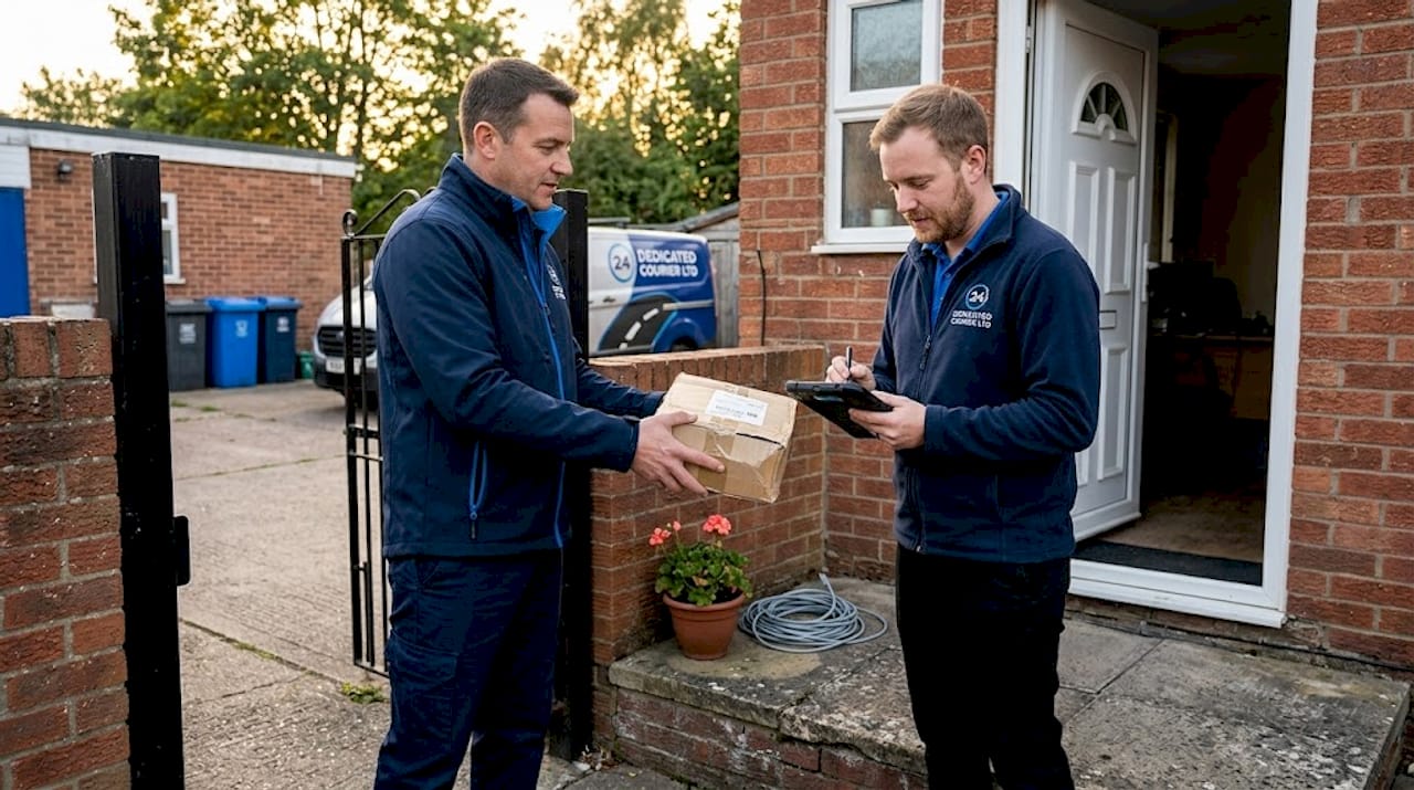 Courier and business owner hand off signed parcel