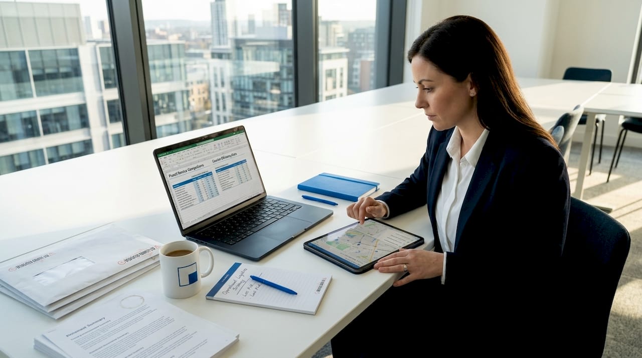 Retail manager reviewing delivery options at desk