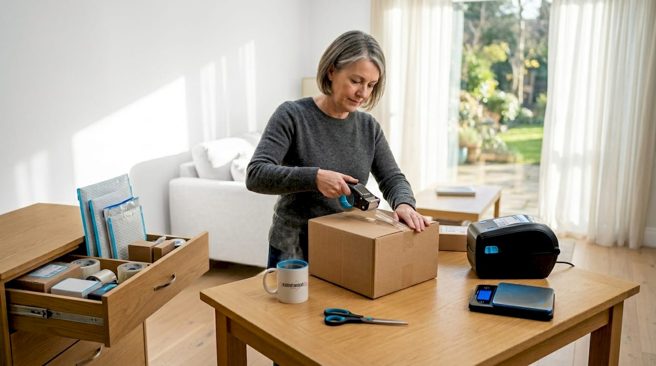 Packing parcel at home kitchen table