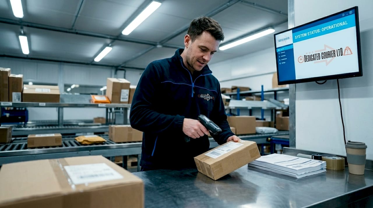 Parcel label scanned at postal sorting station