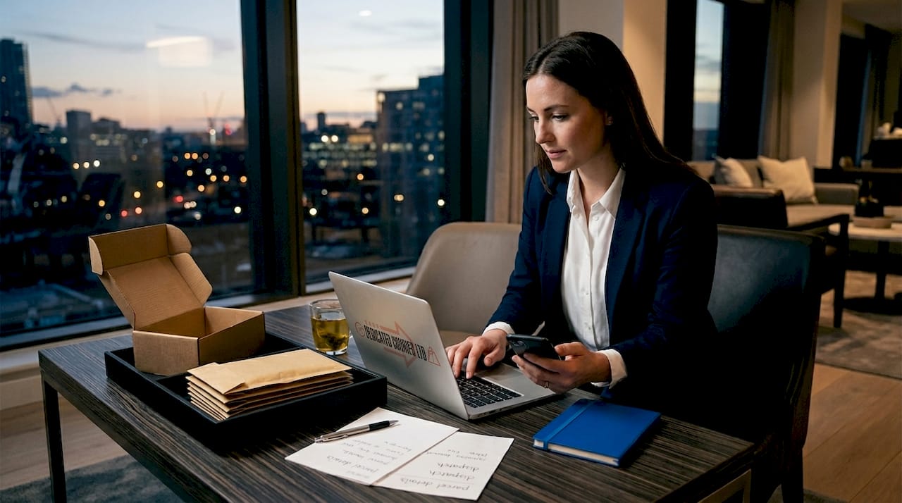Woman booking courier at kitchen table