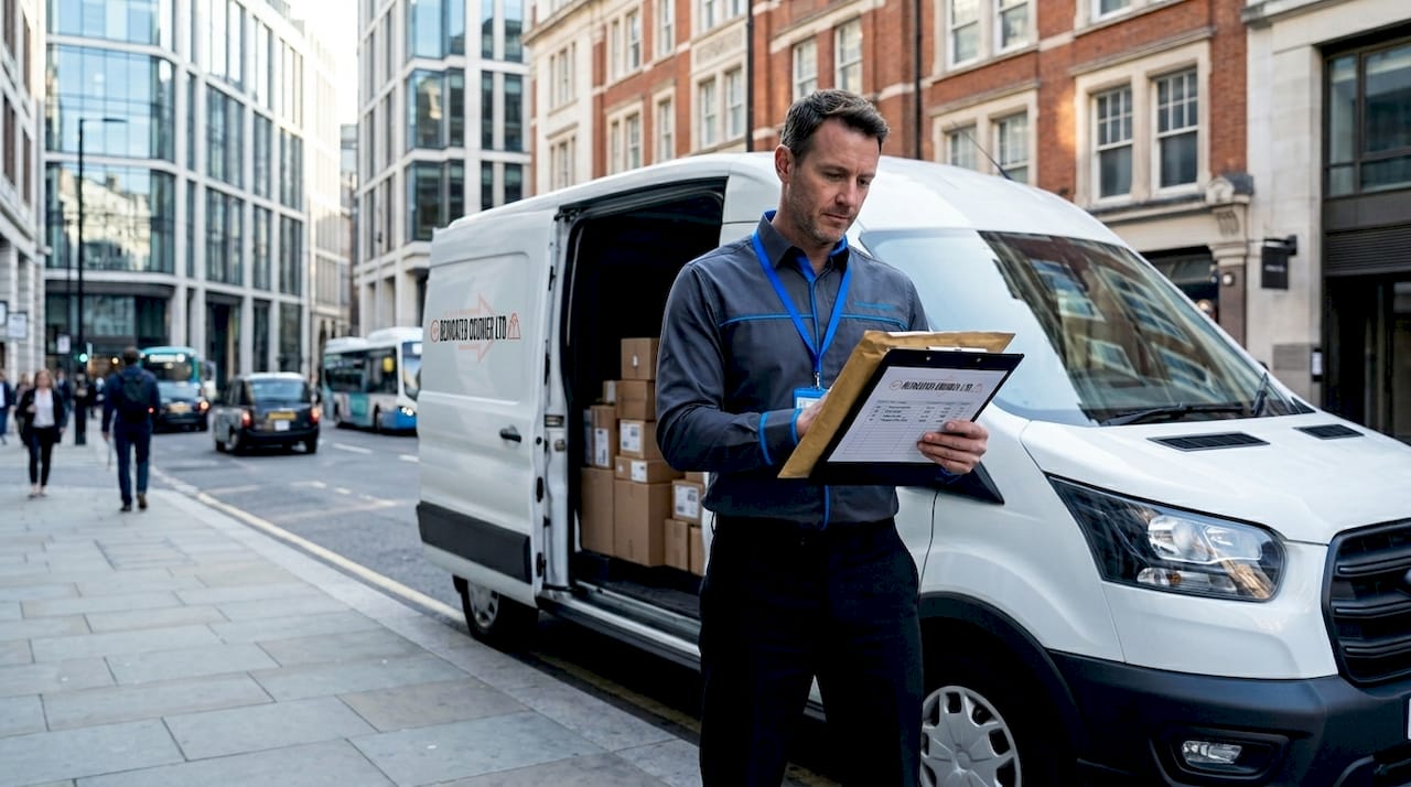 Courier driver checks parcel against manifest
