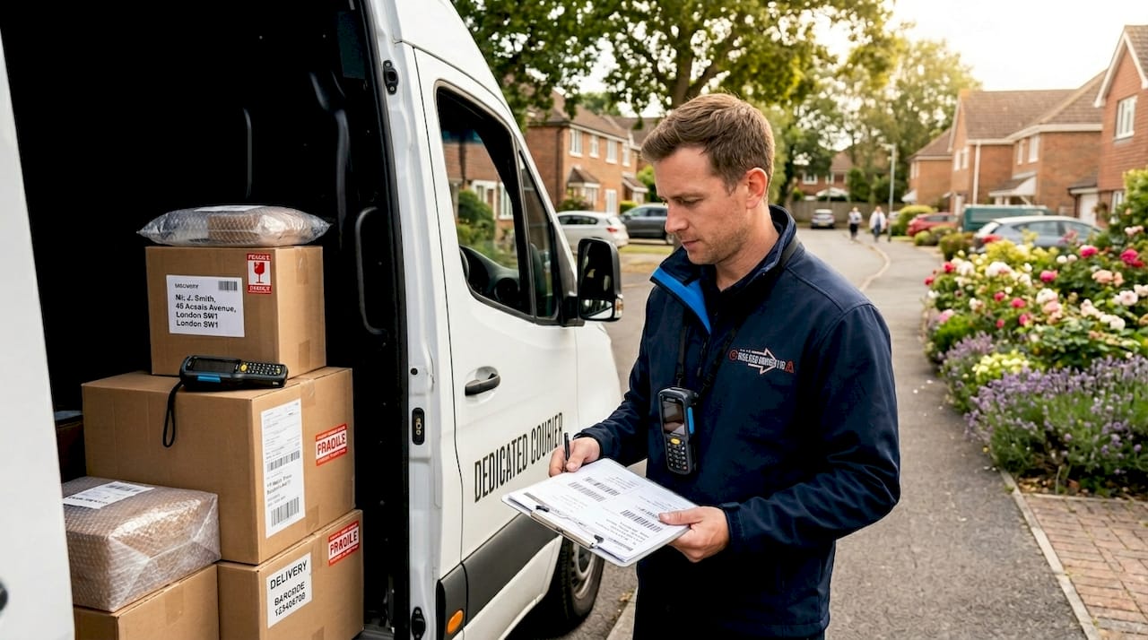 Courier driver checking delivery details by van