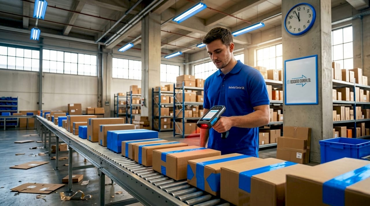 Courier scanning and loading parcels in warehouse