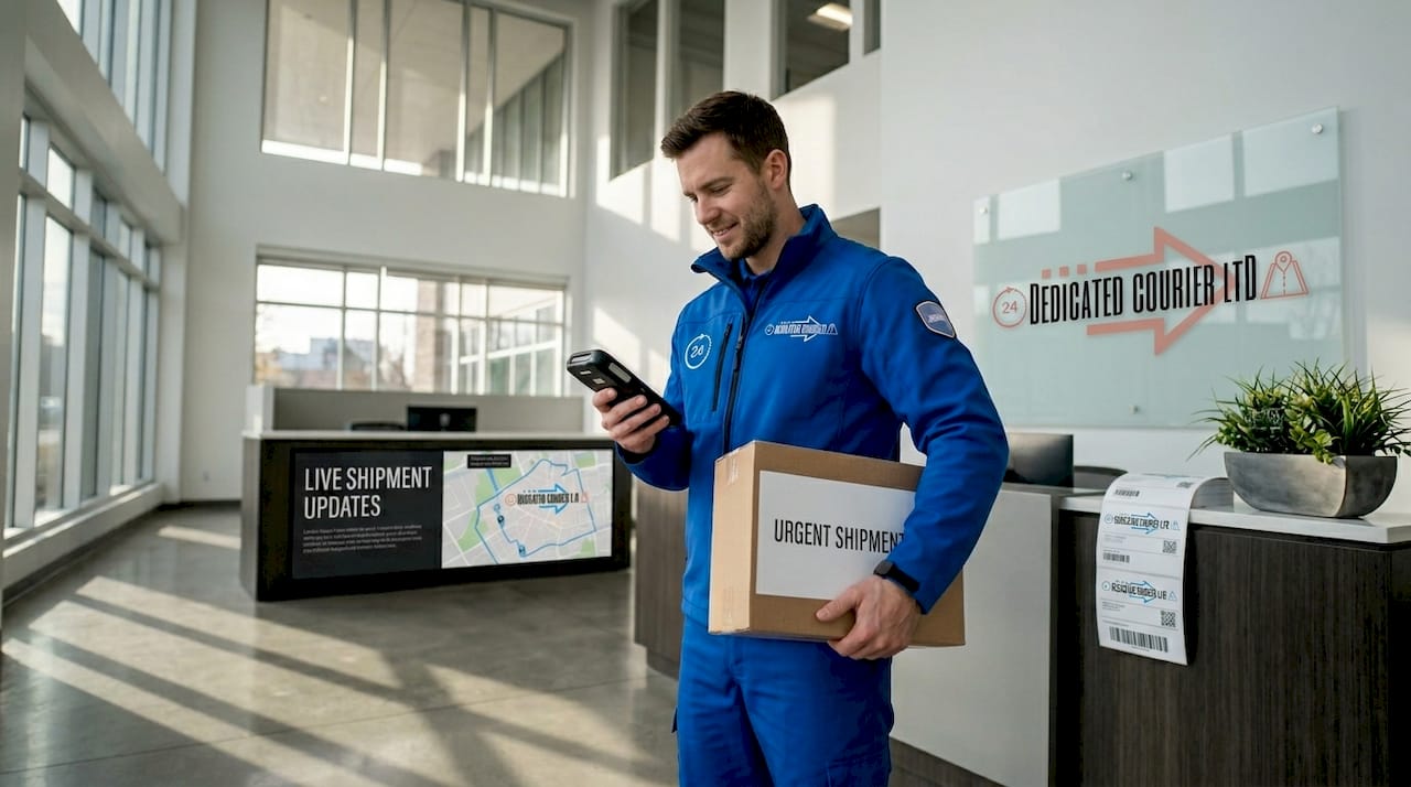 Courier holding urgent delivery package in office lobby