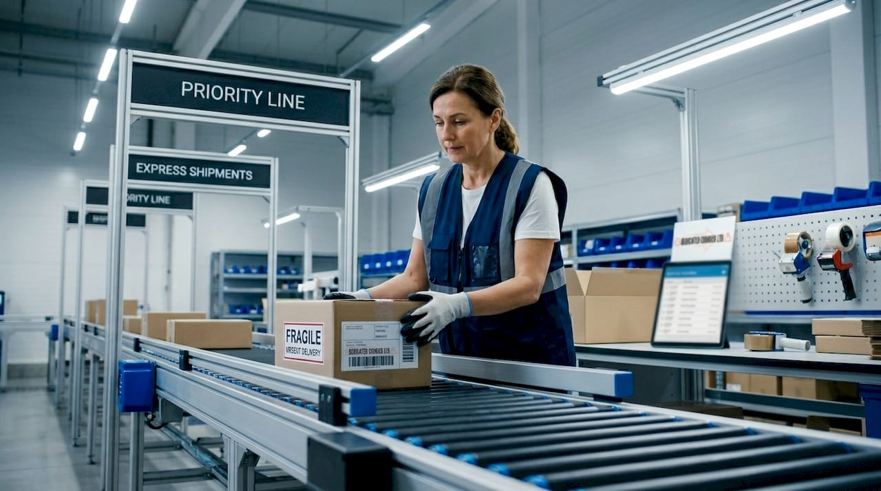 Worker handling fragile urgent shipment on conveyor