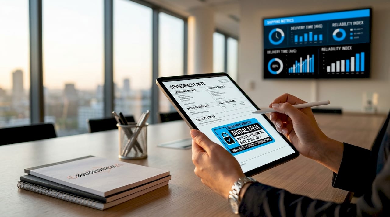 Hands verifying electronic consignment note on tablet