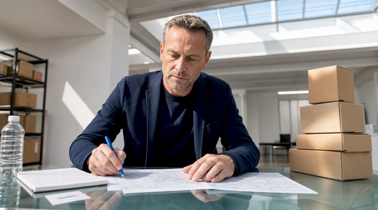 Delivery manager reviewing schedules in warehouse office