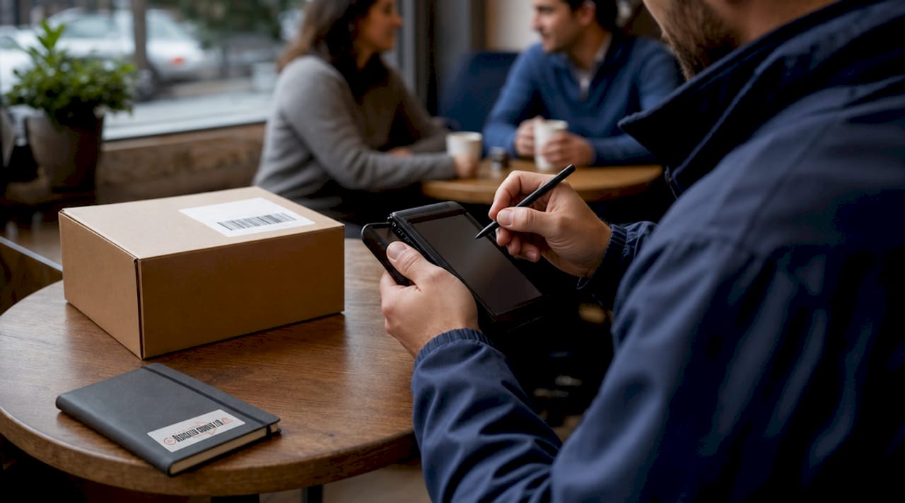 Close-up of courier using scanning and signature device