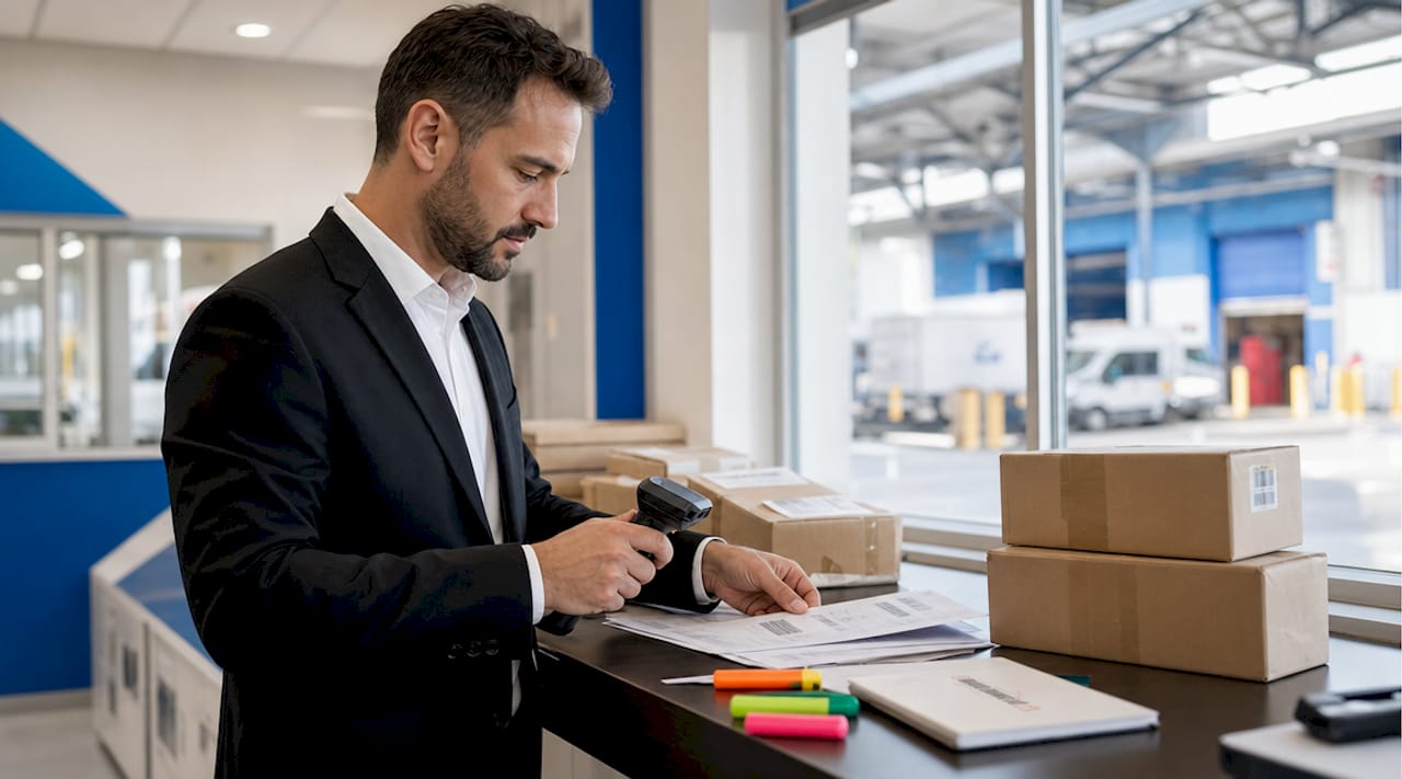 Logistics manager reviewing courier delivery documents