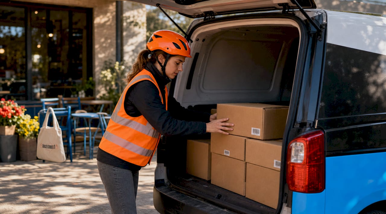Courier loading packages into delivery van