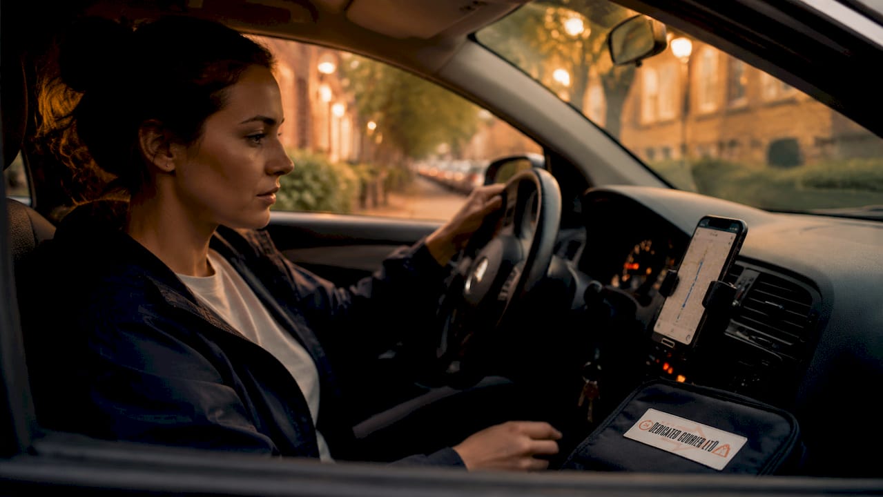 Delivery driver checking route on smartphone inside car