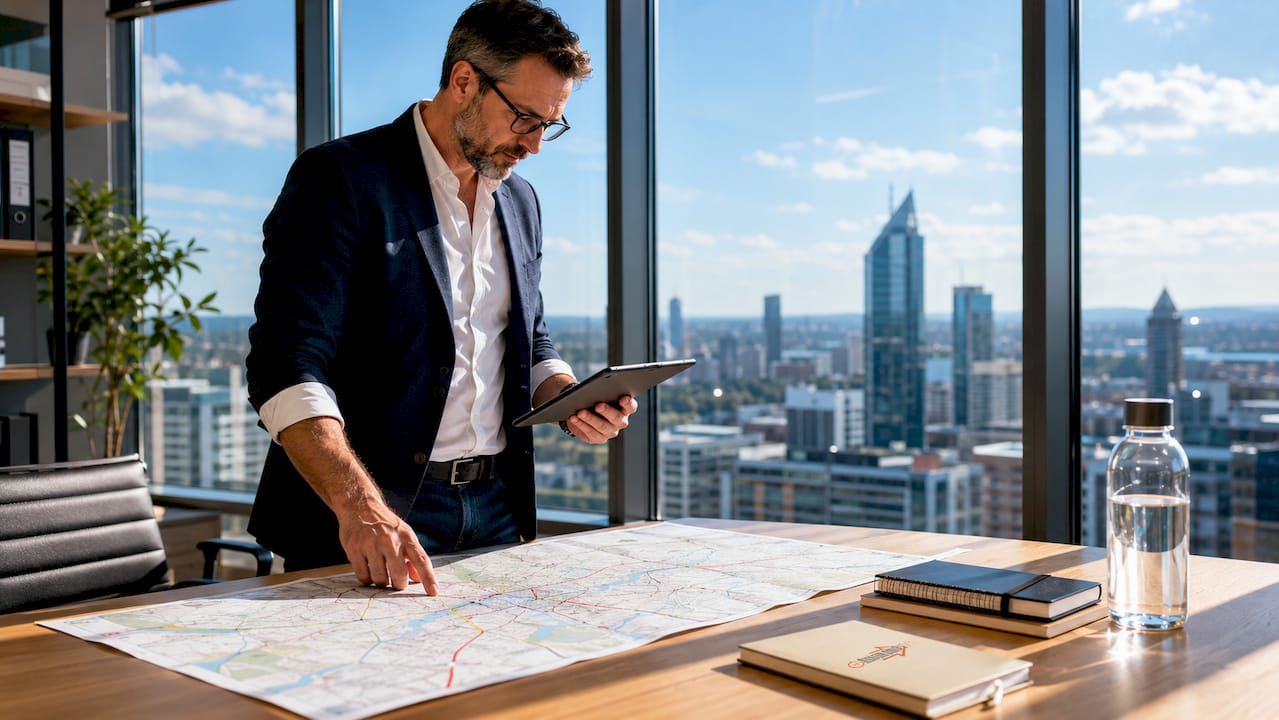 Logistics manager planning delivery routes at desk